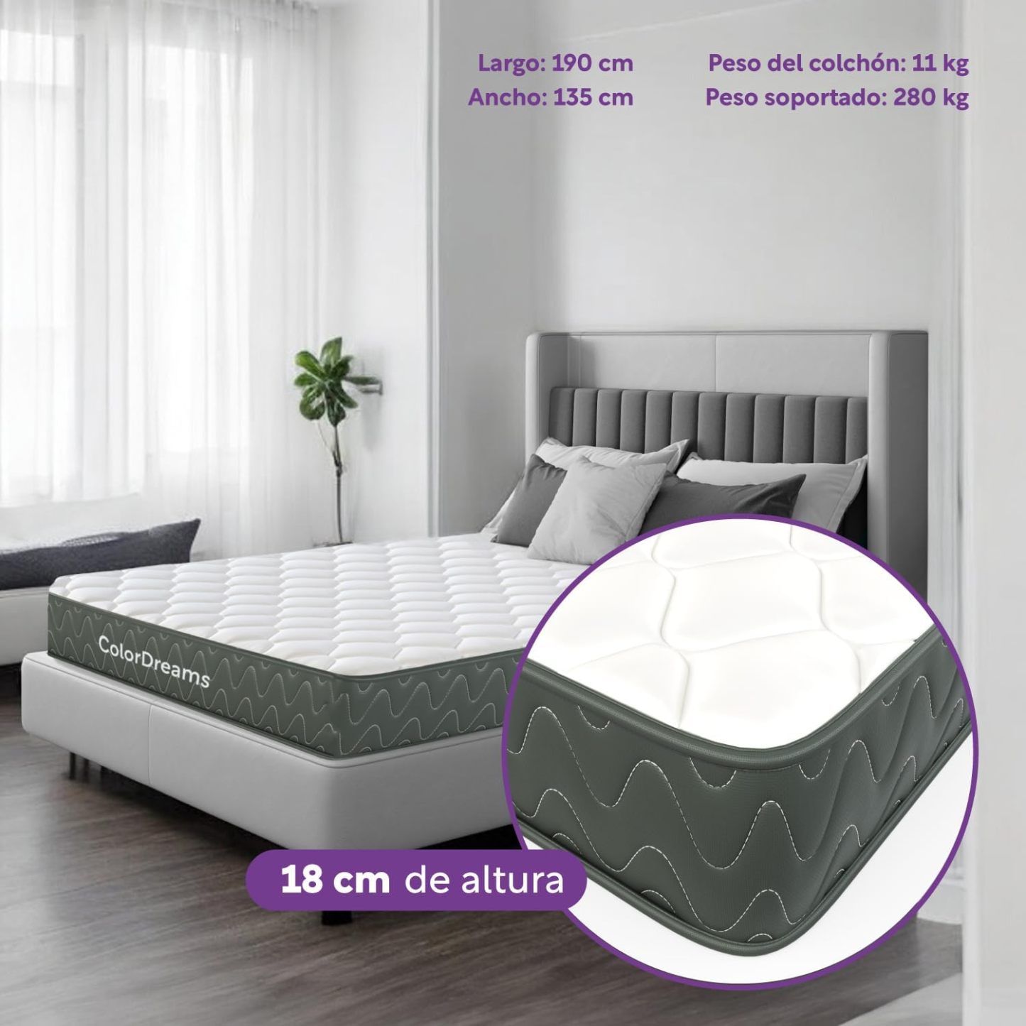 COLORDREAMS | Colchón en Caja Matrimonial Essential Memory Foam – 135x190x18 cm – 5 Capas De Espuma de Alta Densidad y Tela – Firmeza Media – Hipoalergénico
