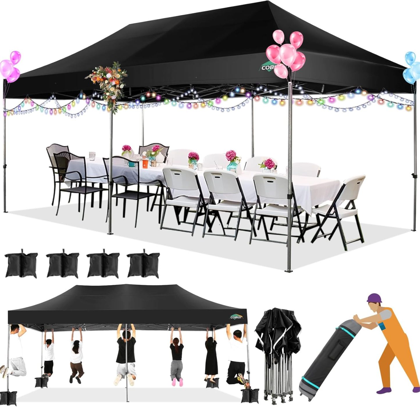 COBIZI - Toldo desplegable de 10 x 20 Pulgadas con 6 Paredes Laterales, toldo Impermeable para Eventos al Aire última intervensión, UPF 50+ cenador portátil para Fiestas, Playa, Camping, Boda,