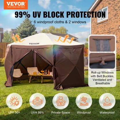 VEVOR Carpa Plegable de 6 Lados 3,6 x 3,6 m, Pérgola de Jardín con Techo Desmontable y Bolsa de Transporte, Carpa de Exterior para 8 a 10 Personas, para Fiesta, Camping, Playa, Patio, Jardín, Marrón