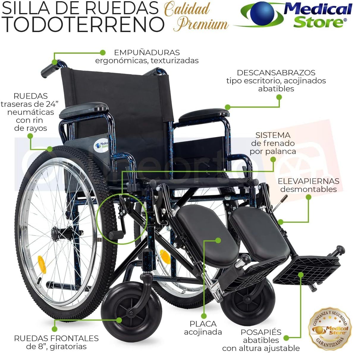 Medical Store Silla de Ruedas TODO TERRENO de Lujo, Modelo 101, Acero Resistente, Con Eleva piernas Desmontables y Descansabrazos Abatibles Color Rojo.…
