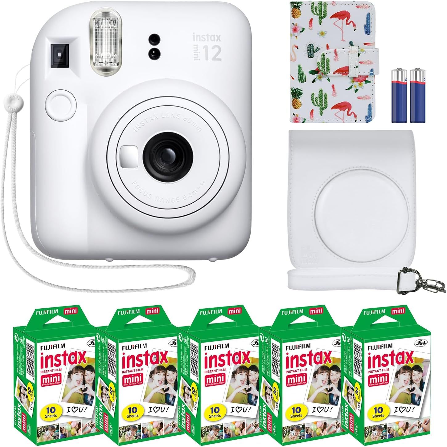 Fujifilm Instax Mini 12 cámara instantánea + paquete de accesorios MiniMate y funda personalizada compatible + Fuji Instax Film Value Pack (50 hojas) Álbum de fotos de diseño flamenco (verde menta)