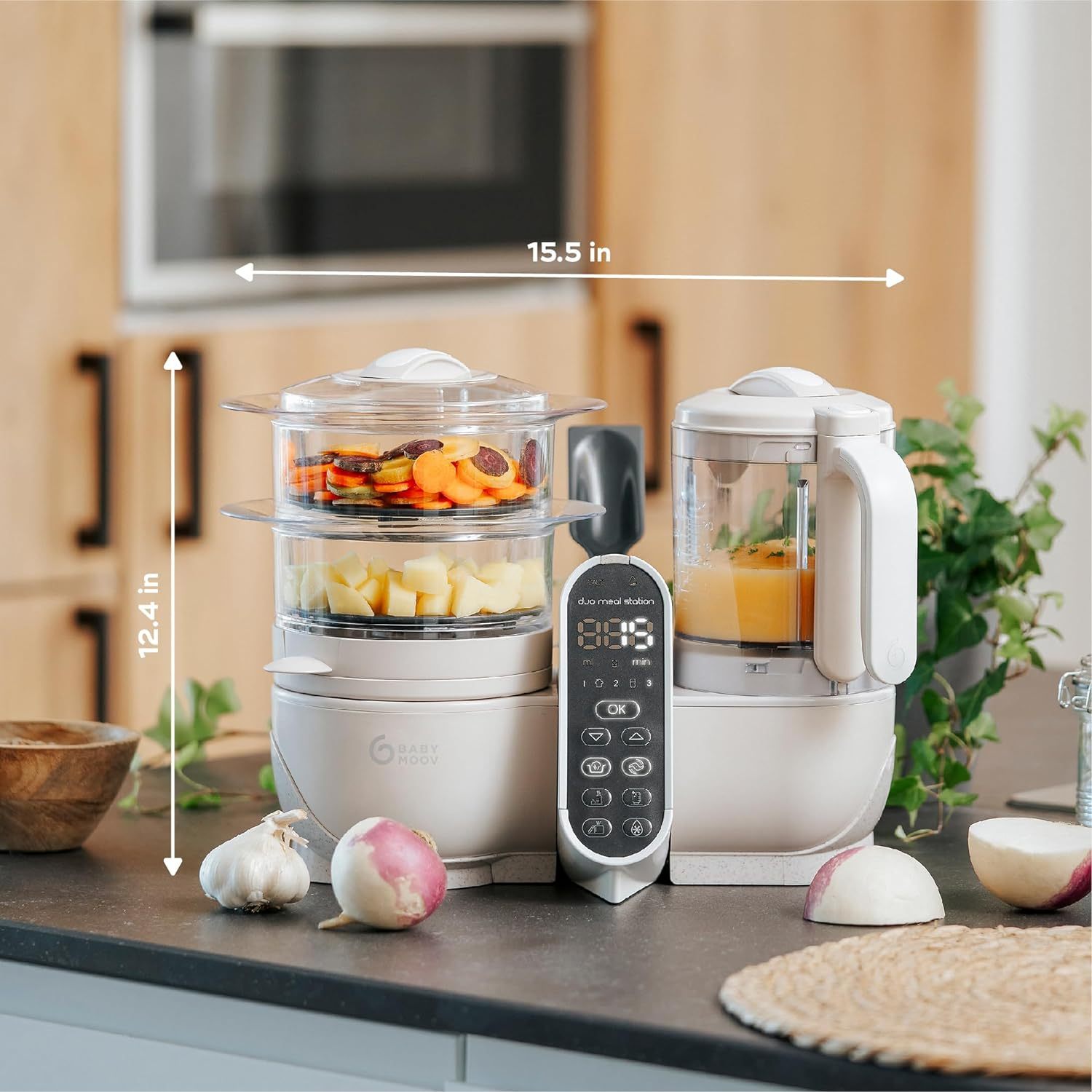 Babymoov Duo Meal 6 en 1: Procesador de Alimentos para Bebés con Vaporizador y Licuadora de Velocidades Múltiples, Calienta y Descongela (Aprobado por Nutricionistas), Gris