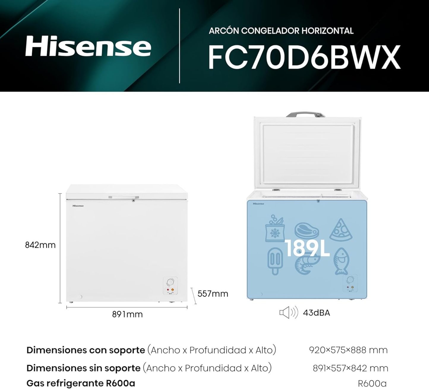 Hisense FC50D6AWX Congelador, 5 pies cúbicos, Temperatura ajustable, Fast Freeze, Cerradura de seguridad, 62x56x85cm(AnchoxLargoxAlto), Blanco