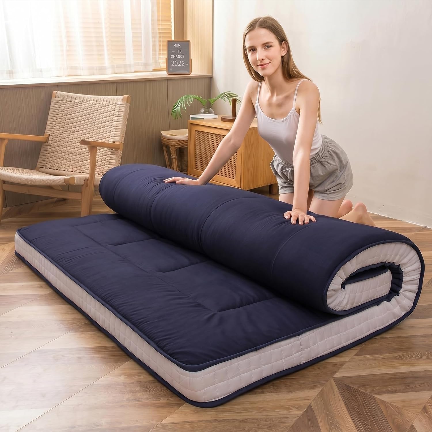 MAXYOYO - Puf plegable para sofá, cama, colchón de piso para adultos, extra grueso, 6 pliegues, sofá para recámara, sala de estar, beige, 135 x 240 cm