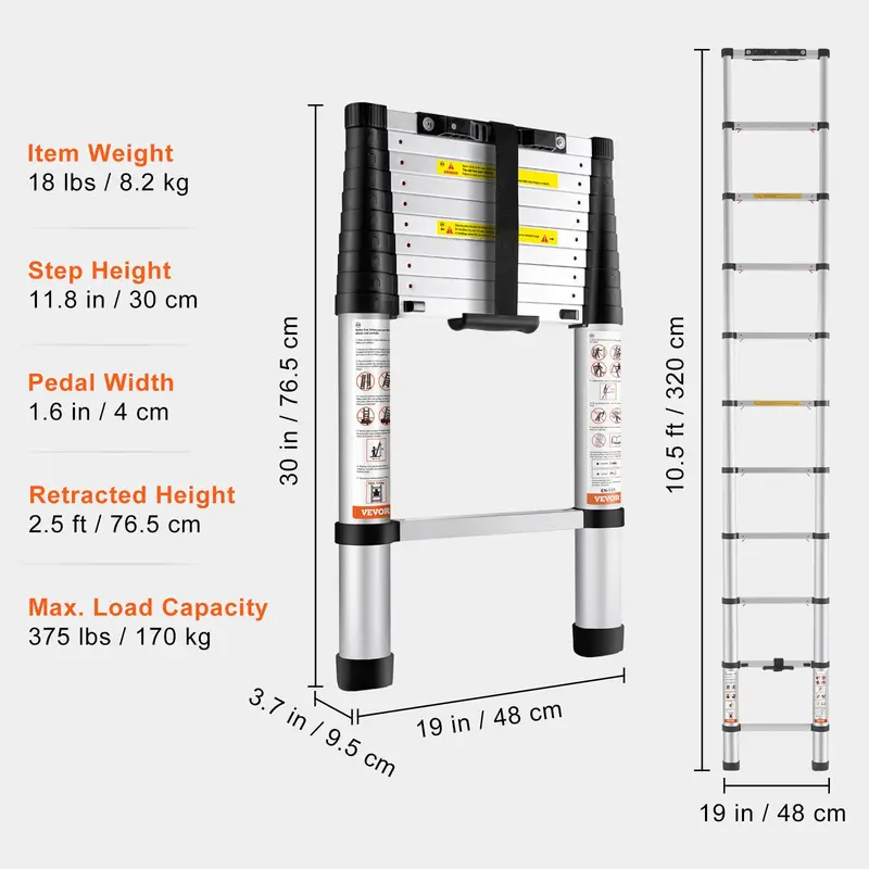 Escalera telescópica de 12.5 pies — De aluminio, ligera, multiusos y plegable — Retracción con un solo toque — Alta resistencia (capacidad máx. de 330 lb) con pies antideslizantes — Ideal para el hogar, trabajos al aire libre y acceso a desvanes.