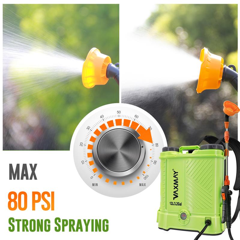 Pulverizador de mochila VAXMAY a batería, 3.2 galones, 80 PSI, pulverizador eléctrico para jardín, compatible con baterías Makita de 18 V, 5 boquillas, batería de 2.0 Ah y cargador incluidos.