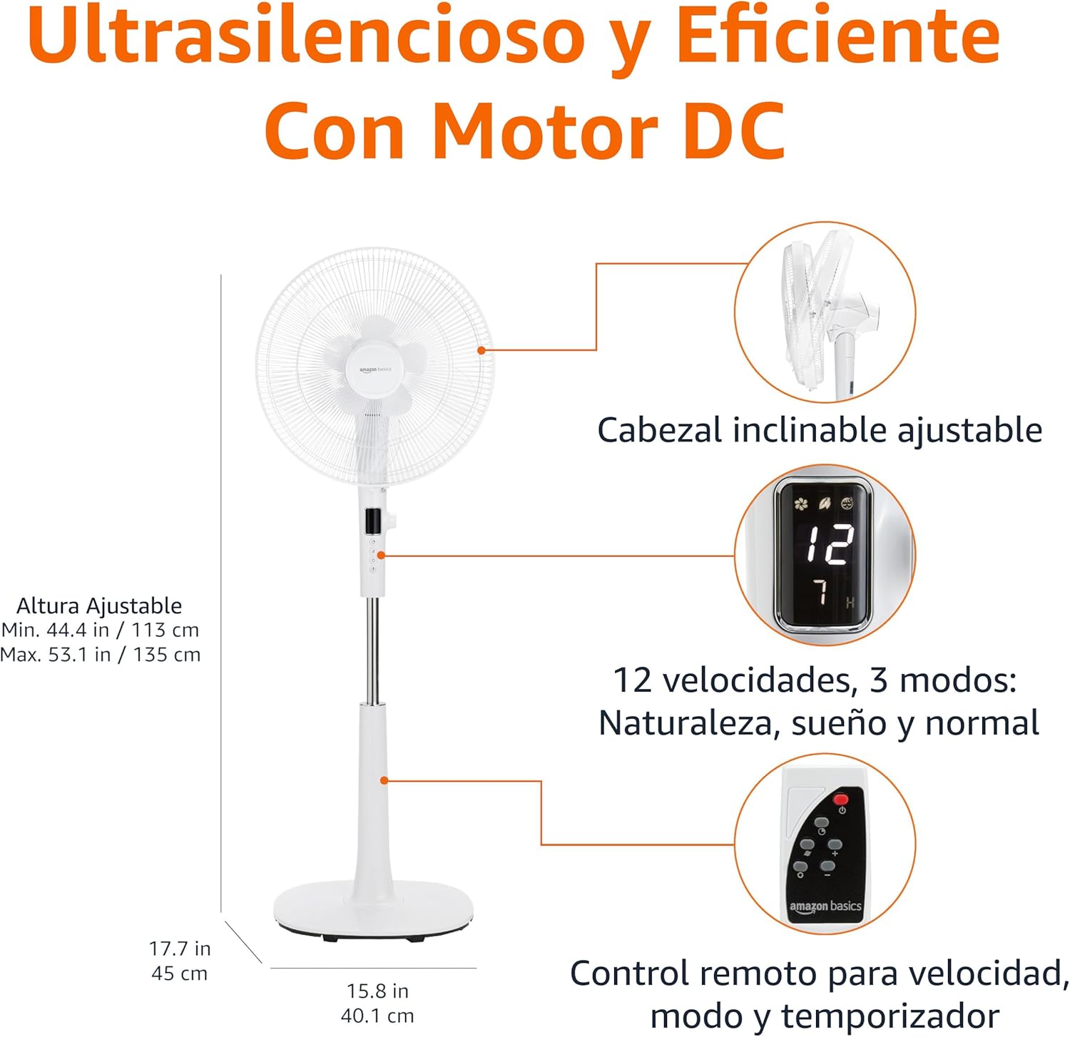 Amazon Basics Ventilador de pedestal de 40.6 cm con control remoto para recámara sala u oficina, con 3 velocidades, 3 modos, temporizador, altura ajustable, cabezal inclinable, 60 W, negro