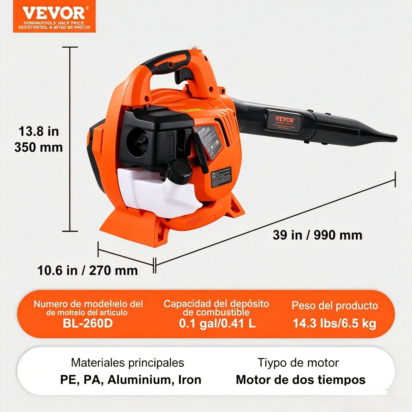 VEVOR - Soplador de Hojas de Gas de 79 CC, soplador de Mochila de Gas de 2 ciclos con Tanque de Combustible de 3 litros, Volumen de Aire de 930 CFM, Velocidad de 184 mph, Ideal para el Cuidado del