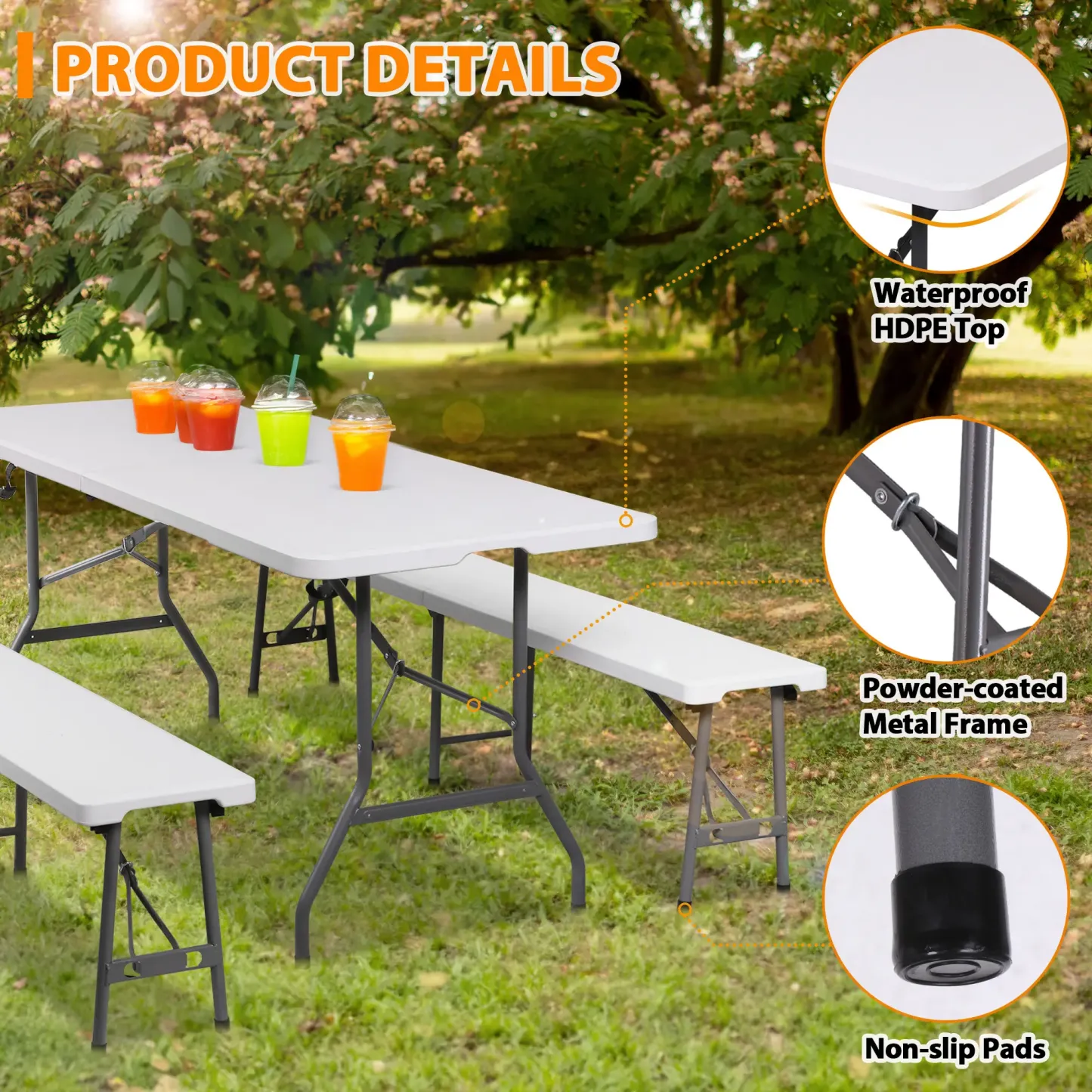 Mesa Plegable de 1.8 m con 2 Bancos, HDPE Impermeable, Soporta 159 kg, para Camping, Picnic y Exteriores