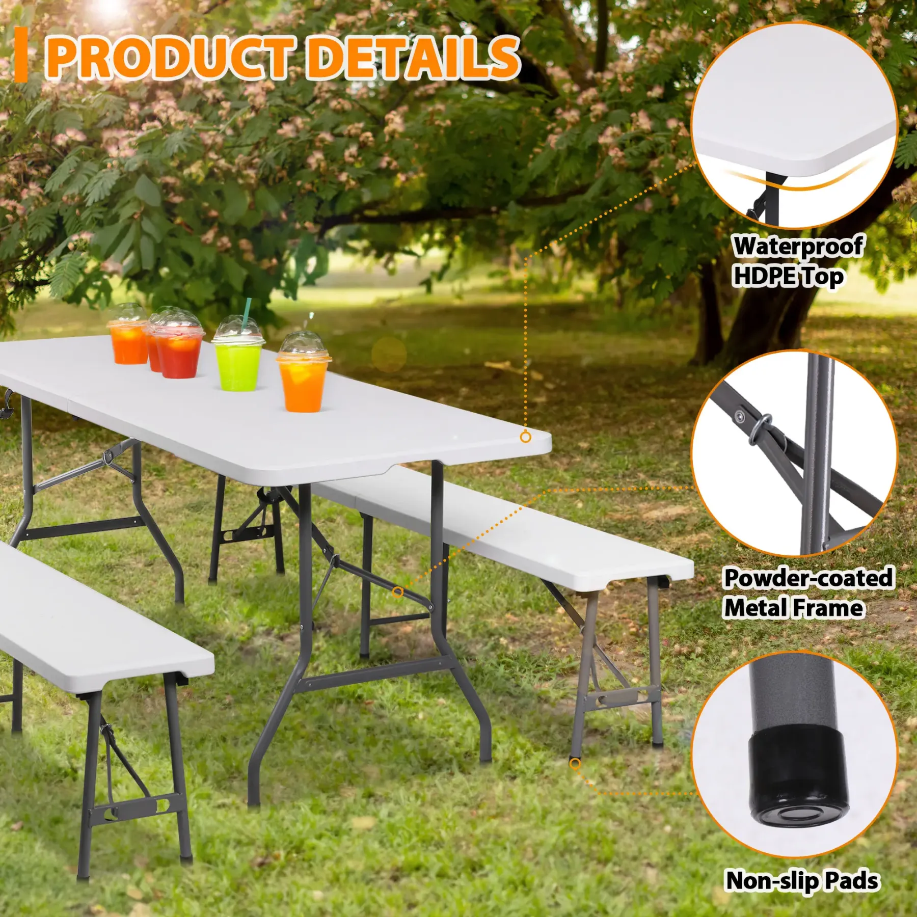 Mesa Plegable de 1.8 m con 2 Bancos, HDPE Impermeable, Soporta 159 kg, para Camping, Picnic y Exteriores