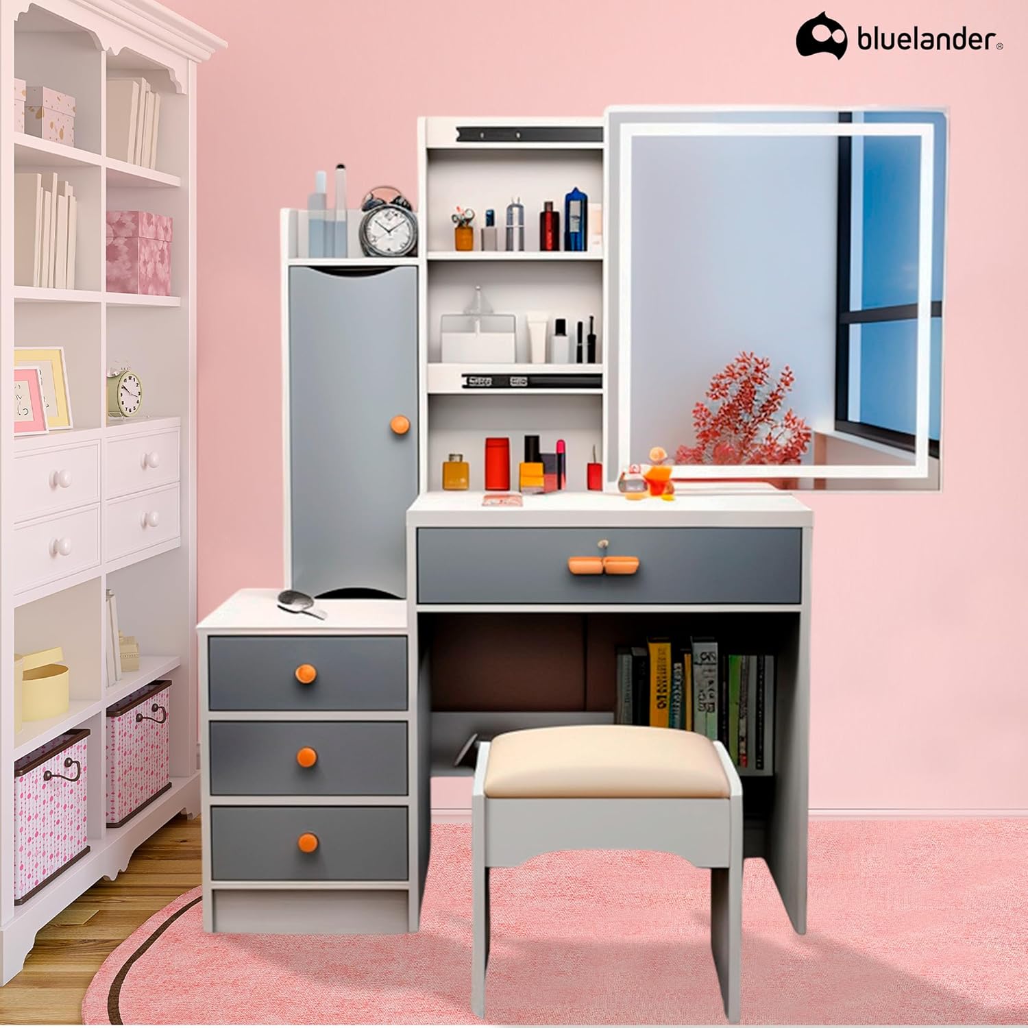 Bluelander Tocador De Niña, Tocador Vanity, Tocador para Niña, Vanity Tocador Hollywood, Tocador de Maquillaje con 4 Cajones, Estantes Ocultos, Incluye Taburete Acolchado, Espejo Led (Gris Claro)