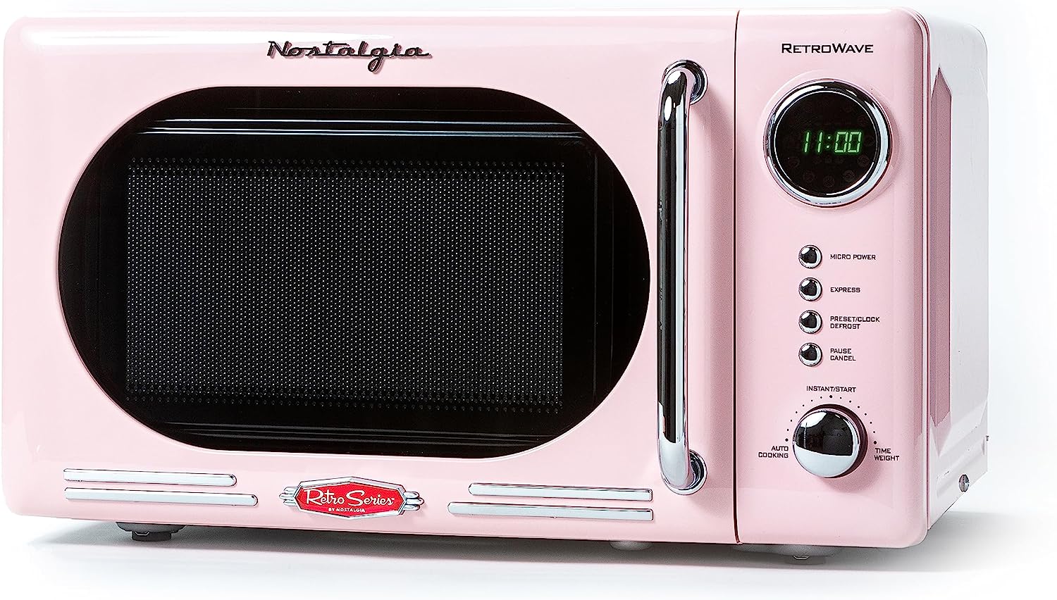 Nostalgia - Horno de microondas retro para encimera de mediados de siglo, tamaño grande de 900 W, 0.9 pies cúbicos, 8 ajustes de cocción preprogramados, reloj digital, electrodomésticos de cocina,