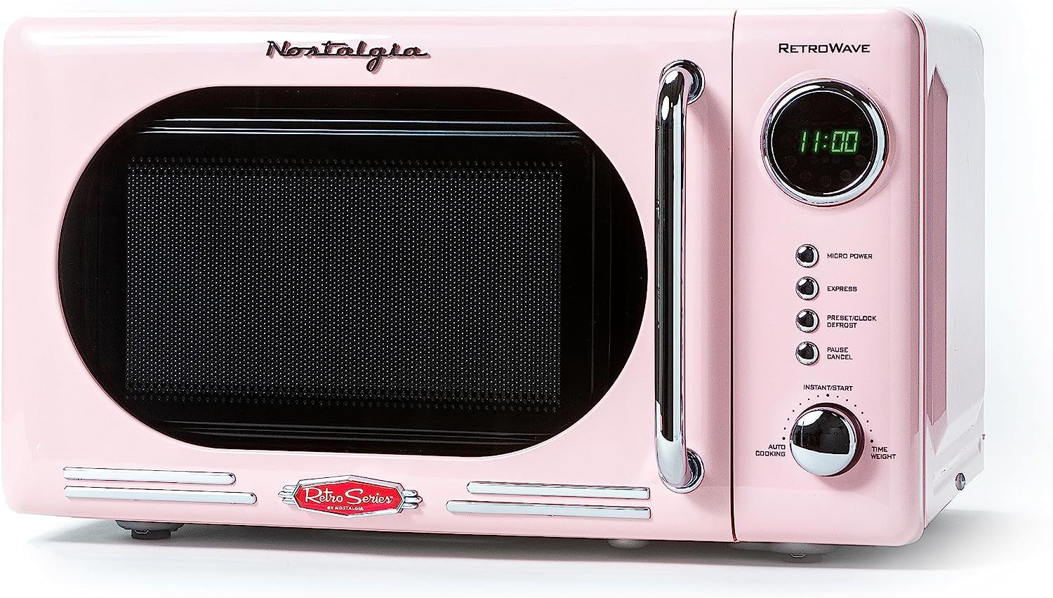 Nostalgia - Horno de microondas retro para encimera de mediados de siglo, tamaño grande de 900 W, 0.9 pies cúbicos, 8 ajustes de cocción preprogramados, reloj digital, electrodomésticos de cocina,