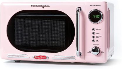 Nostalgia - Horno de microondas retro para encimera de mediados de siglo, tamaño grande de 900 W, 0.9 pies cúbicos, 8 ajustes de cocción preprogramados, reloj digital, electrodomésticos de cocina,