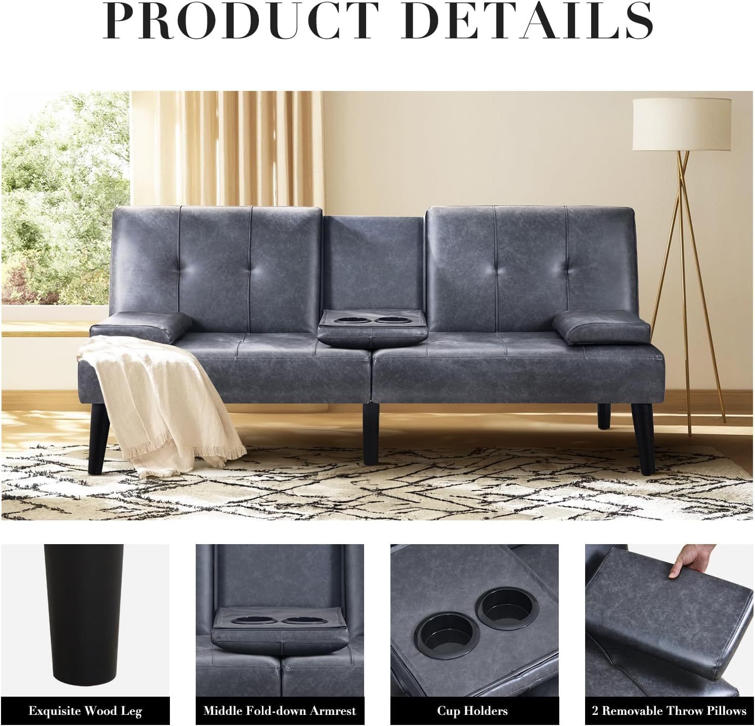 COLAMY - Sofá Cama de futón pequeño, de Piel, futón, sofá de salón, futón Convertible con Soporte para Tazas, reposabrazos extraíble, Respaldo Ajustable, Gris Oscuro