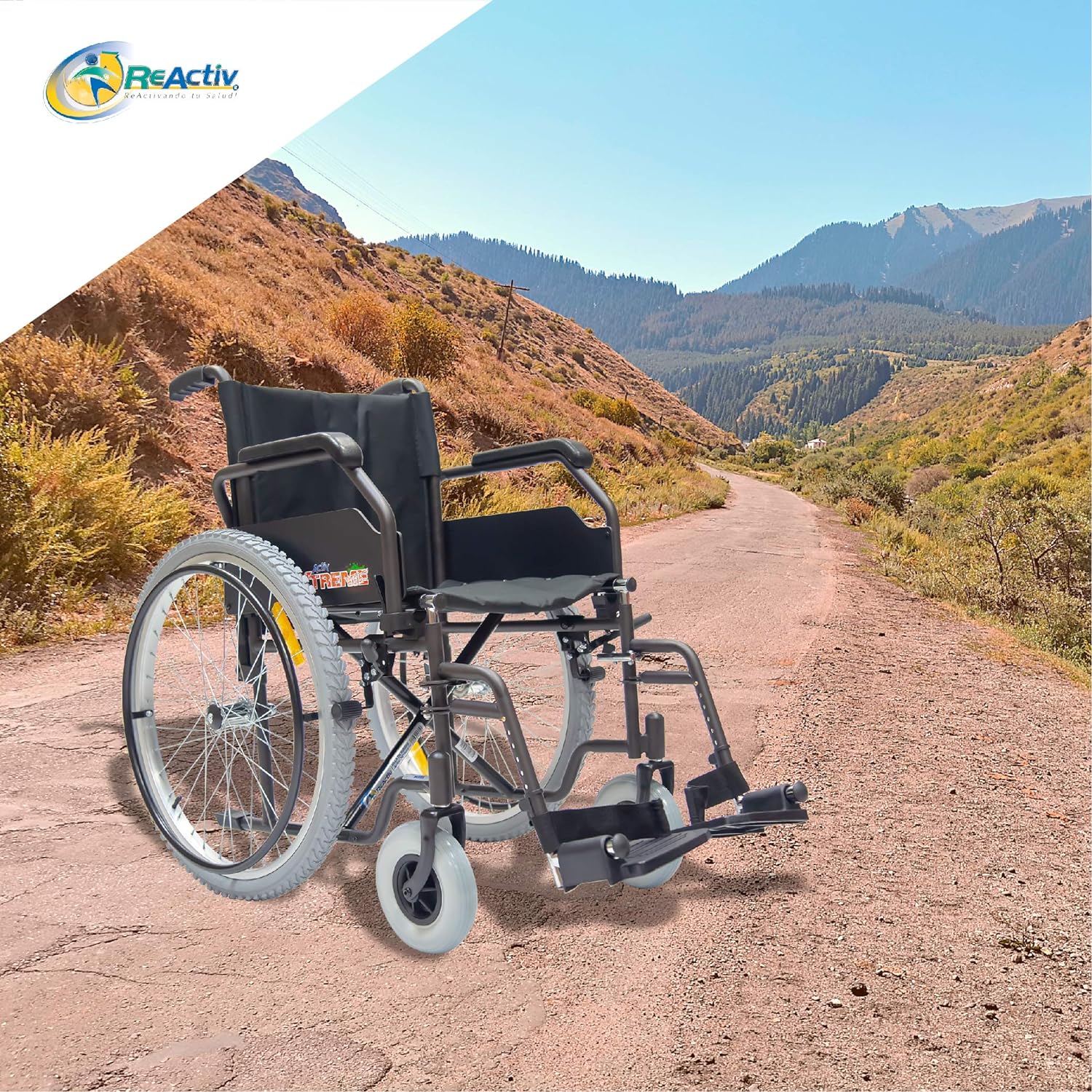 Silla de Ruedas Activ Xtreme ReActiv, Brazos FlipUp y Descansapies Desmontables/Abatibles, R8x2", Rin Aluminio R24x1.75" Neum, T. Nylon, Lodo (Negro)