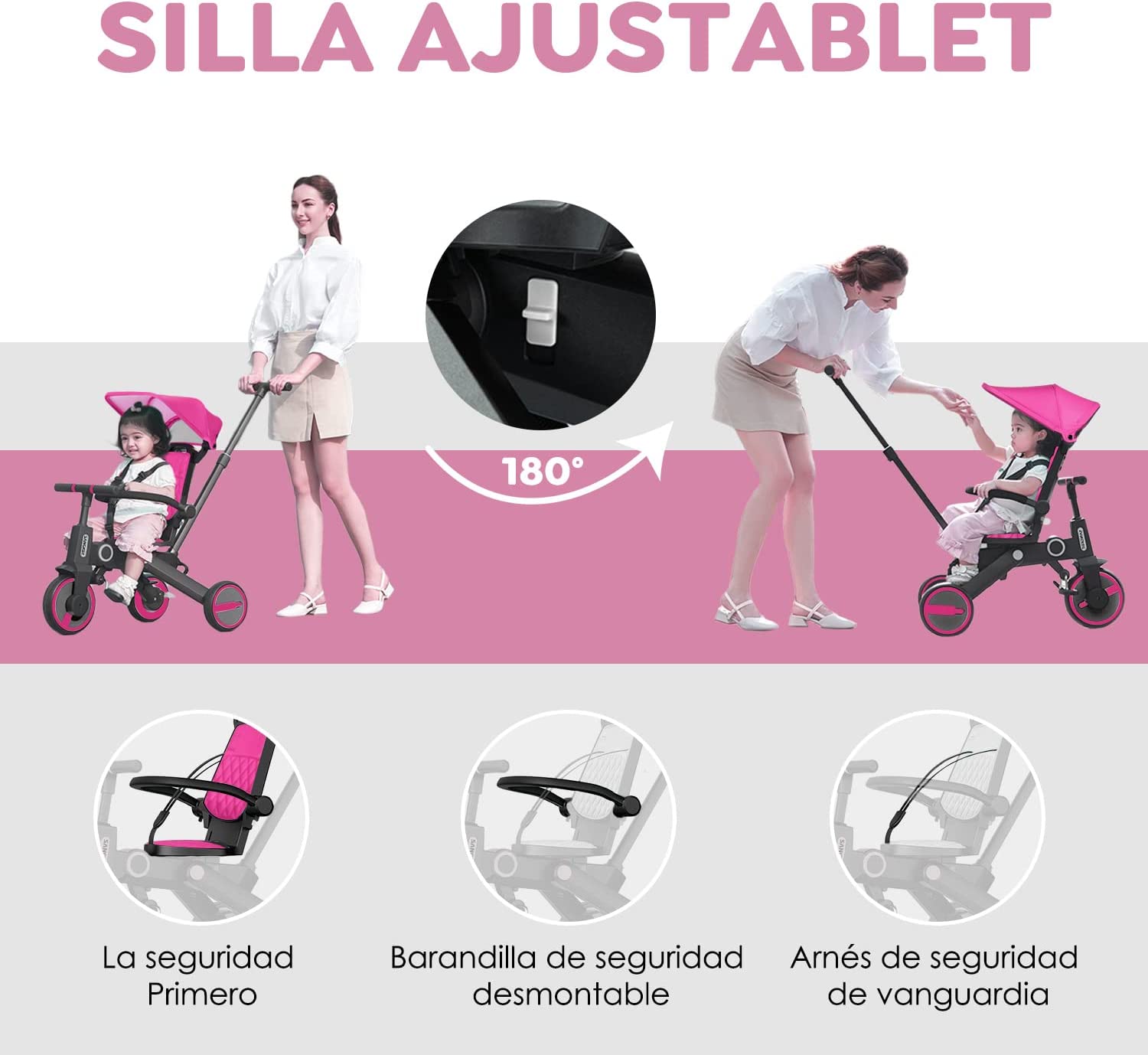 Triciclo de bebé 4 en 1, Bici polivalente, cochecito de dirección plegable, bicicleta de aprendizaje con barandilla desmontable, con toldo ajustable, arnés de seguridad, pedales plegable, freno, asa de empuje para padres, diseño de absorción de impactos,