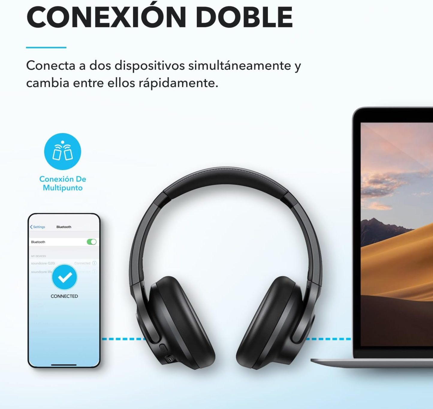 Soundcore Audífonos Inalámbricos Diadema Q20i, Cancelación de Ruido Activa Híbrida, Bluetooth, 40H ANC, Alta Resolución, Big Bass, App, Transparencia, Viajes