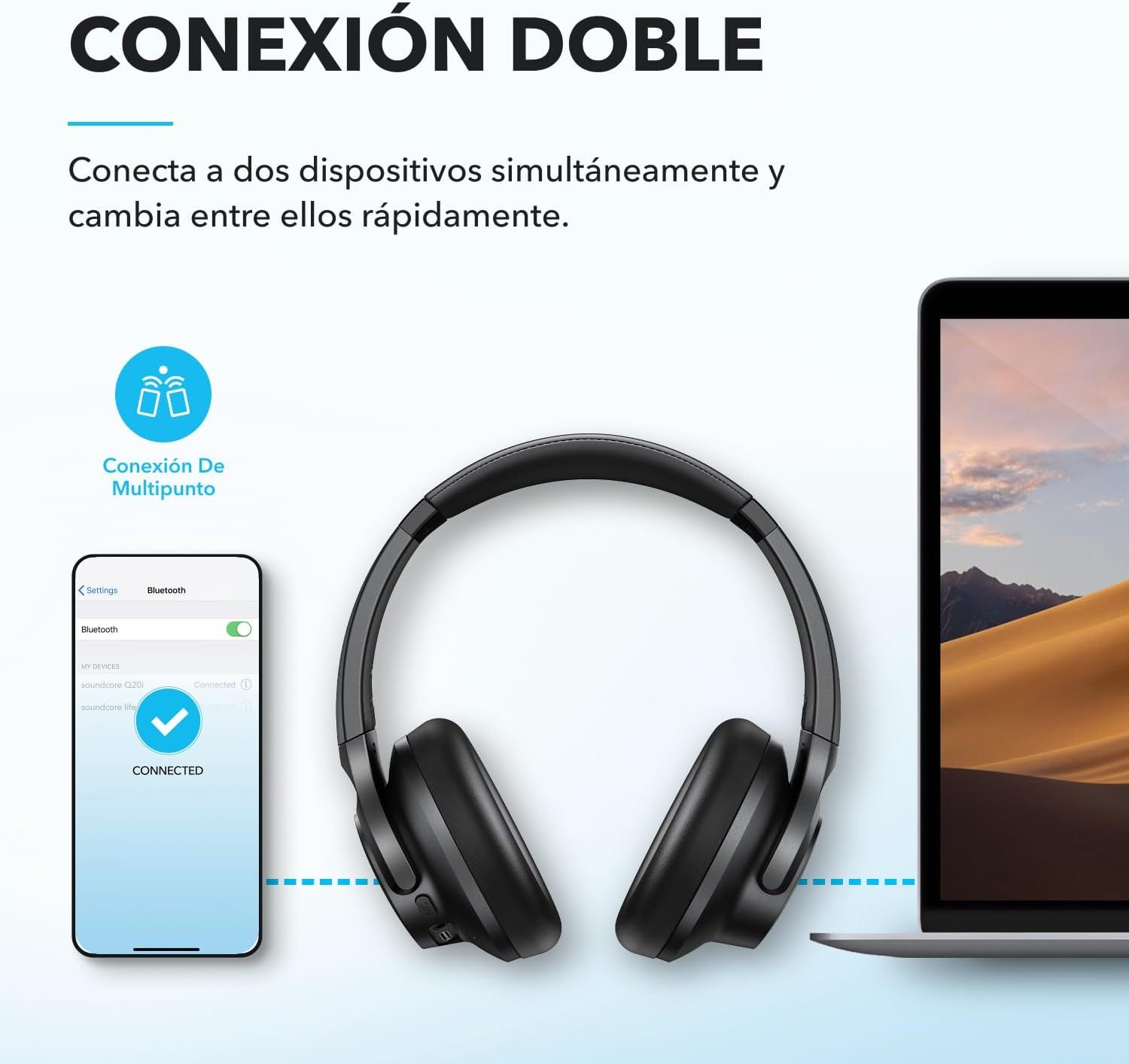 Soundcore Audífonos Inalámbricos Diadema Q20i, Cancelación de Ruido Activa Híbrida, Bluetooth, 40H ANC, Alta Resolución, Big Bass, App, Transparencia, Viajes