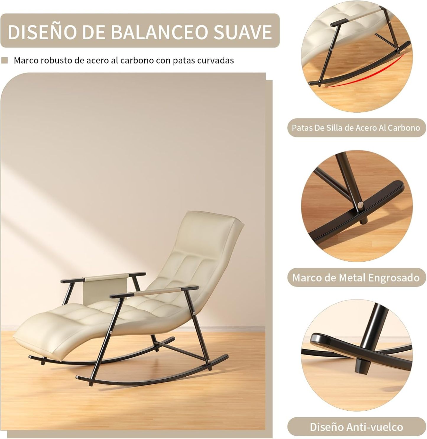 Sillas Mecedora, sillón reclinable Mecedora con Respaldo Regulable y reposapiernas, Sillón Reclinable para Salón, Dormitorio, balcón y Oficina, Puede soportar 300 kg (Blanquecino)