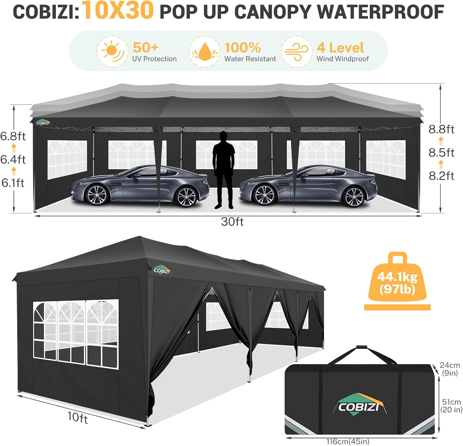COBIZI - Toldo desplegable de 10 x 20 Pulgadas con 6 Paredes Laterales, toldo Impermeable para Eventos al Aire última intervensión, UPF 50+ cenador portátil para Fiestas, Playa, Camping, Boda,