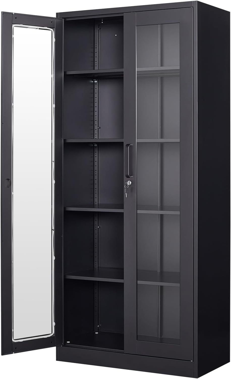 PEUKC - Vitrina con puertas de vidrio, vitrinas con 4 estantes ajustables y cerradura para el hogar, la oficina, la clínica, la despensa, requiere ensamblaje, negro, color madera