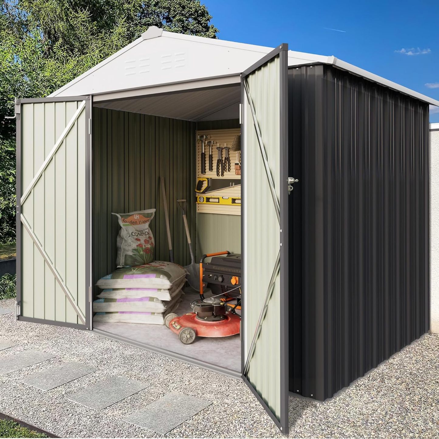 Greesum - Cobertizo de almacenamiento de metal para exteriores, 5 pies x 3 pies, herramienta de acero para cobertizo de almacenamiento con puerta y cerradura, para patio trasero, jardín, patio, césped (5 x 3 pulgadas), color café
