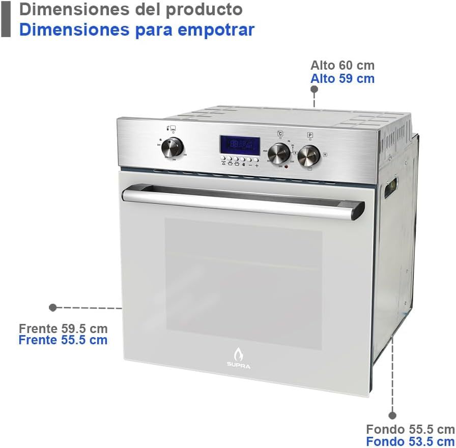 SUPRA Tricombo empotrable Zenit, Parrilla a gas de 5 quemadores para empotrar Mod. ZEGNA, Campana extractora de pared Mod. CC-76,Horno en acero inoxidable con cristal templado Mod. SILVER VORTEX