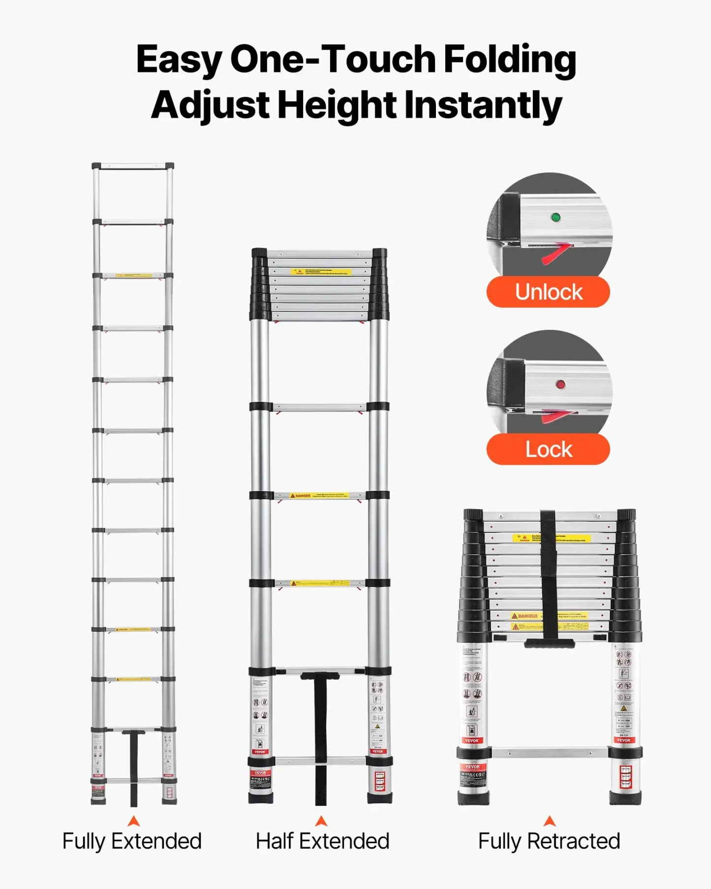 Escalera telescópica de 12.5 pies — De aluminio, ligera, multiusos y plegable — Retracción con un solo toque — Alta resistencia (capacidad máx. de 330 lb) con pies antideslizantes — Ideal para el hogar, trabajos al aire libre y acceso a desvanes.