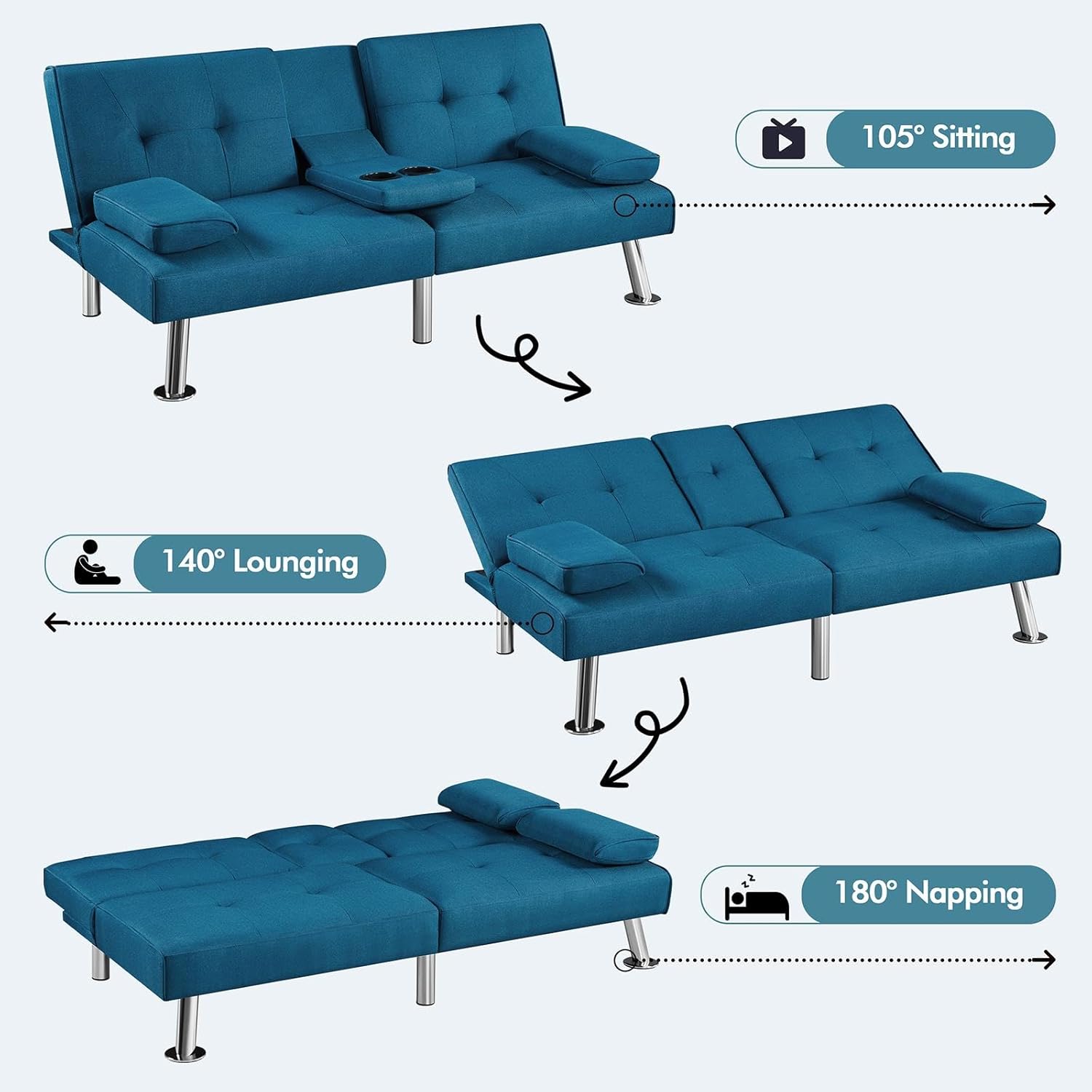 Yaheetech - Sofá Cama Convertible Ajustable, Moderno sillón reclinable de Piel sintética Reversible, sofá Cama Plegable, reposabrazos extraíbles, portavasos, 3 ángulos, Capacidad de 700 Libras, Color