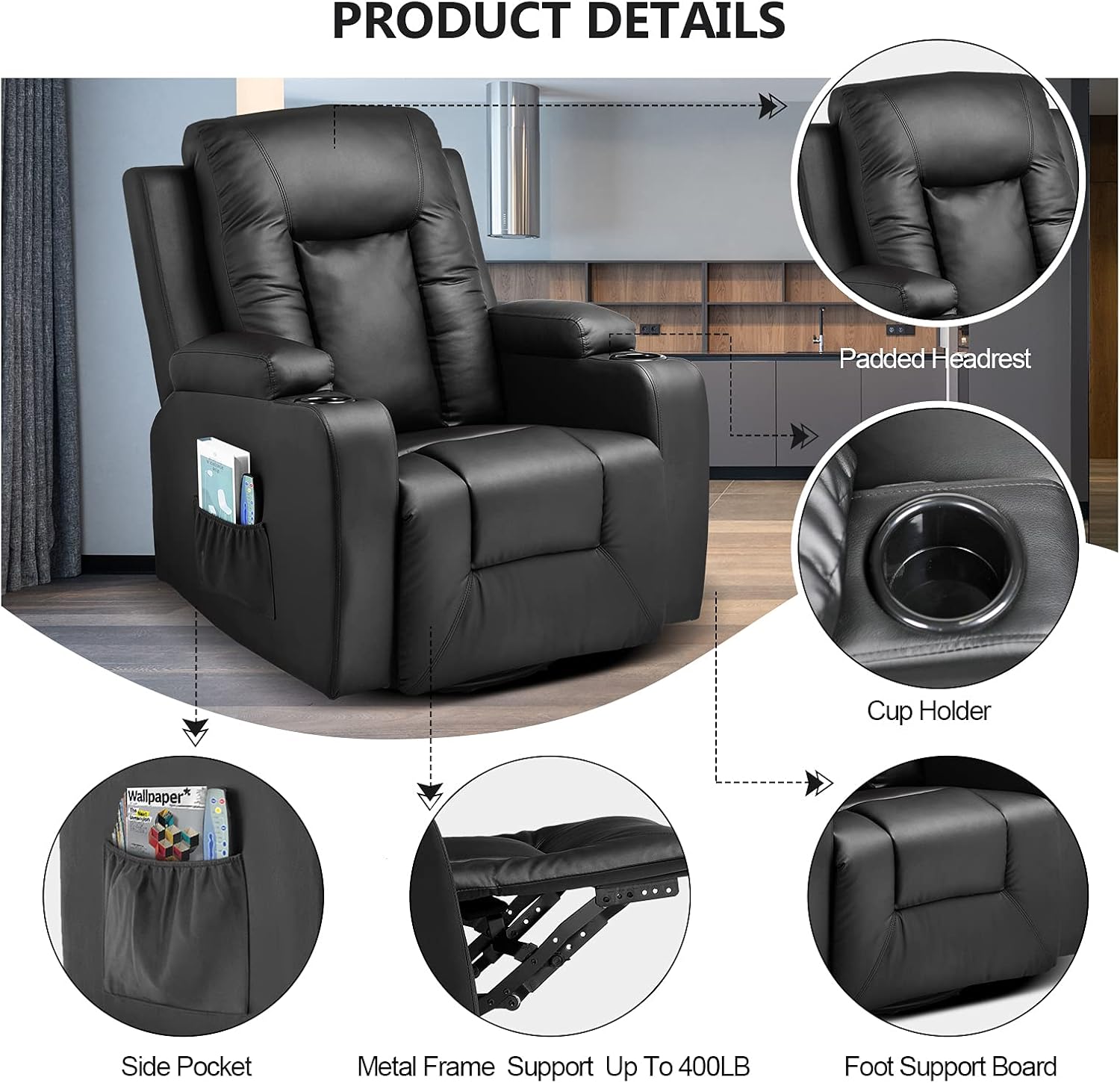 COMHOMA - Silla reclinable de Piel con calefacción y Masaje ergonómico Giratorio de 360 Grados, Soporte para Bebidas para sofá Individual, Silla de Sala de Estar, Color Negro