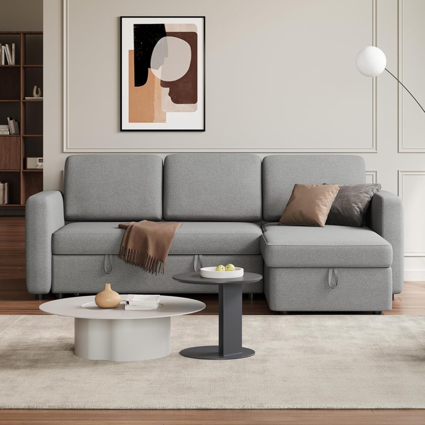 Yaheetech Sofá seccional en forma de L, sofá cama con chaise, sofá cama reversible con cama extraíble y espacio de almacenamiento, sofá convertible de tela de 4 asientos, adecuado para sala de estar, gris claro