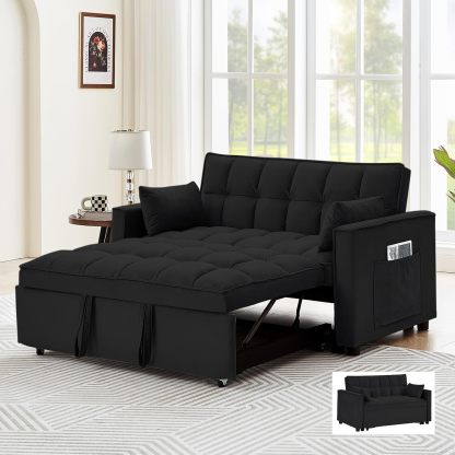 CALABASH Sofá convertible de 55 pulgadas 3 en 1 sofá de terciopelo pequeño con cama extraíble, respaldo reclinable, almohadas y bolsillos, futón para sala de estar, departamento, oficina