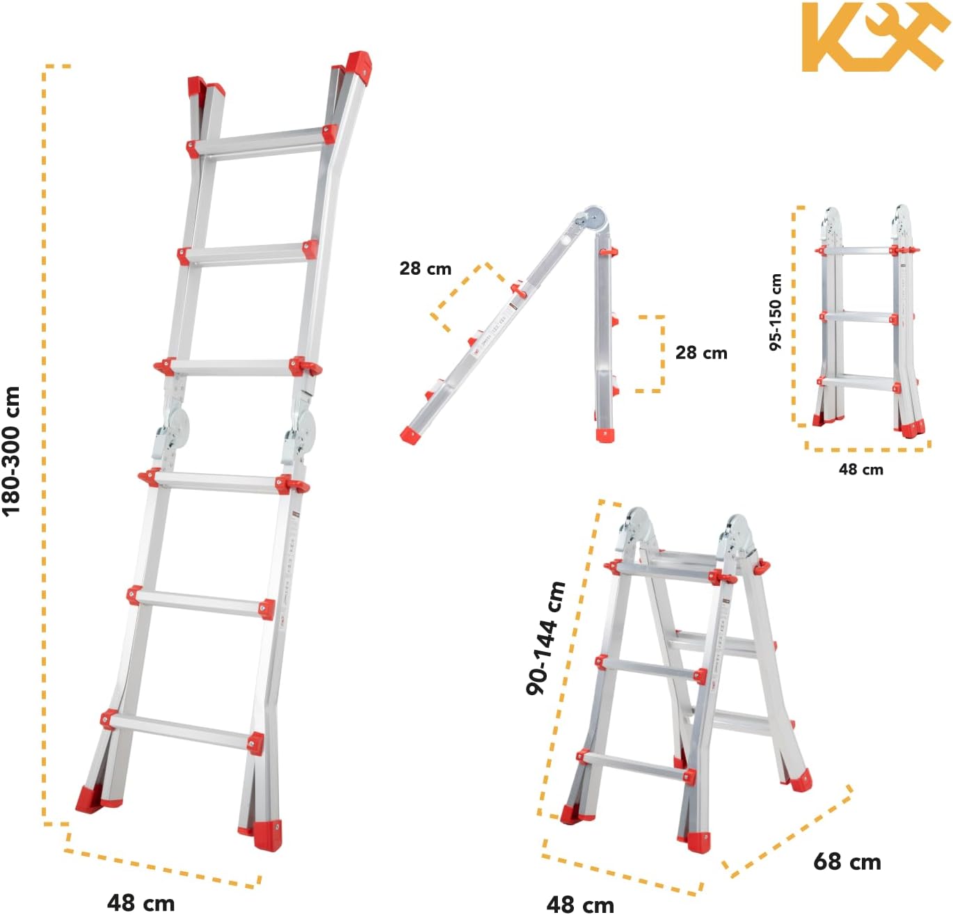 Kingsman | Escalera Multiposiciones 12 Peldaños con Charolas – Soporta hasta 150 kg – Escalera de Aluminio 3.5 MTS – Plegable – Escalera Multipropósito – Tipo Tijera – Andamio – Escalera Recta