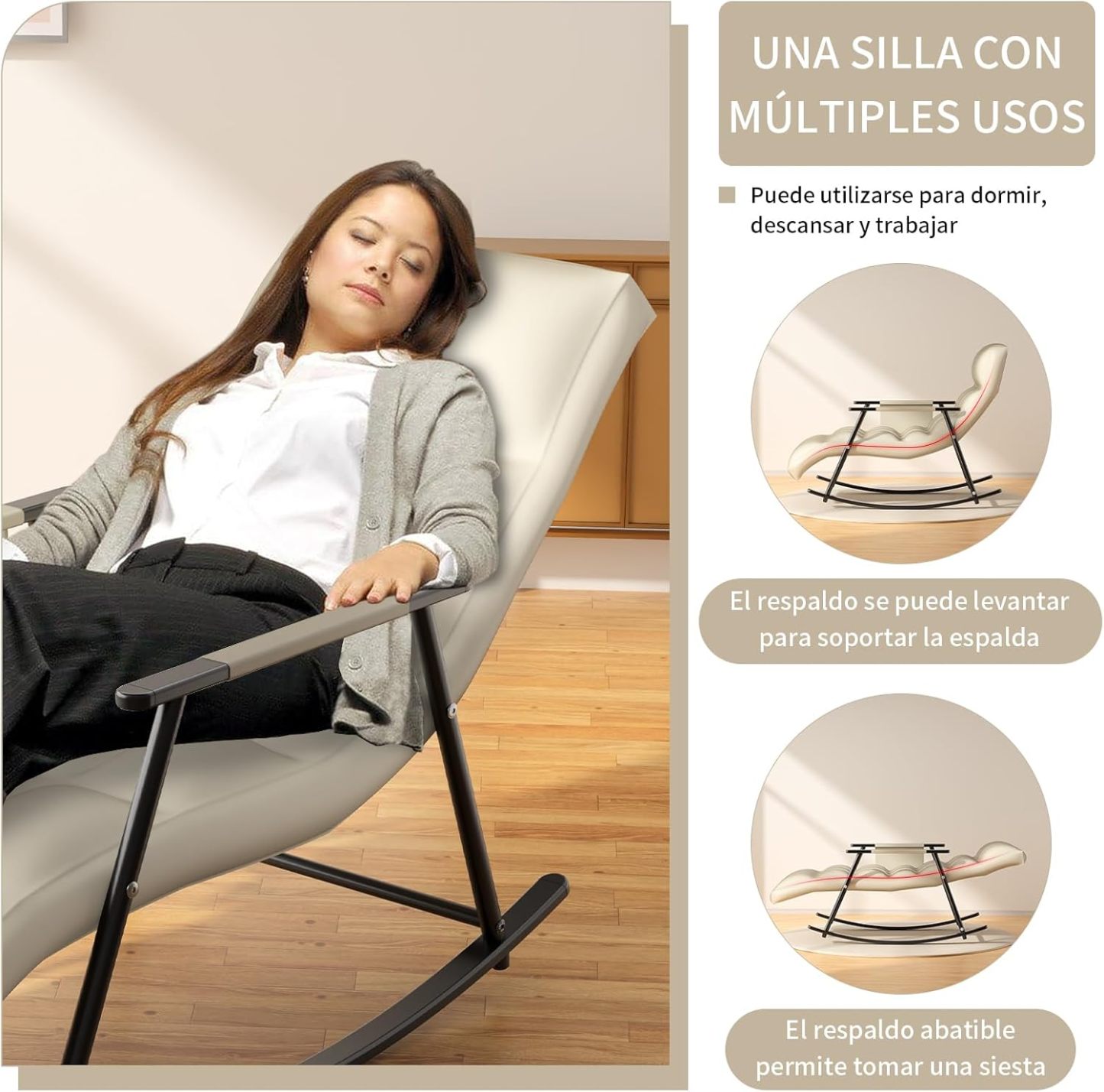 Sillas Mecedora, sillón reclinable Mecedora con Respaldo Regulable y reposapiernas, Sillón Reclinable para Salón, Dormitorio, balcón y Oficina, Puede soportar 300 kg (Blanquecino)