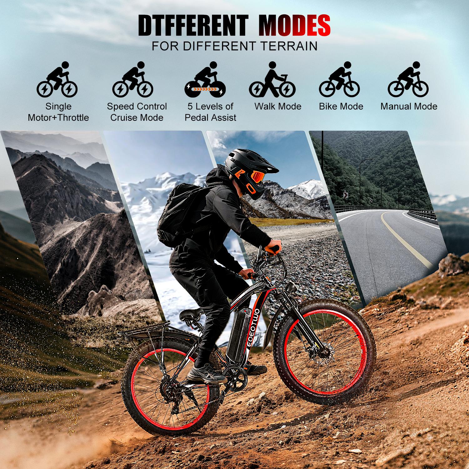 [EOEOTWO E01] 1500W Peak Motor Electric Bicycle with Front Suspension 48V 15AH Battery 26"x 4.0 Inch Tires 30+ MPH Speed 70 Miles Range for Snow Mountain Road Riding