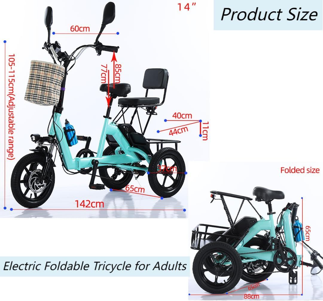 Triciclo eléctrico para adultos, neumático de 14 pulgadas, 3 ruedas, plegable, motor E, 48 V, 350 W, batería extraíble de 10.4 AH, pantalla LCD, bicicleta eléctrica todo terreno de tres ruedas,