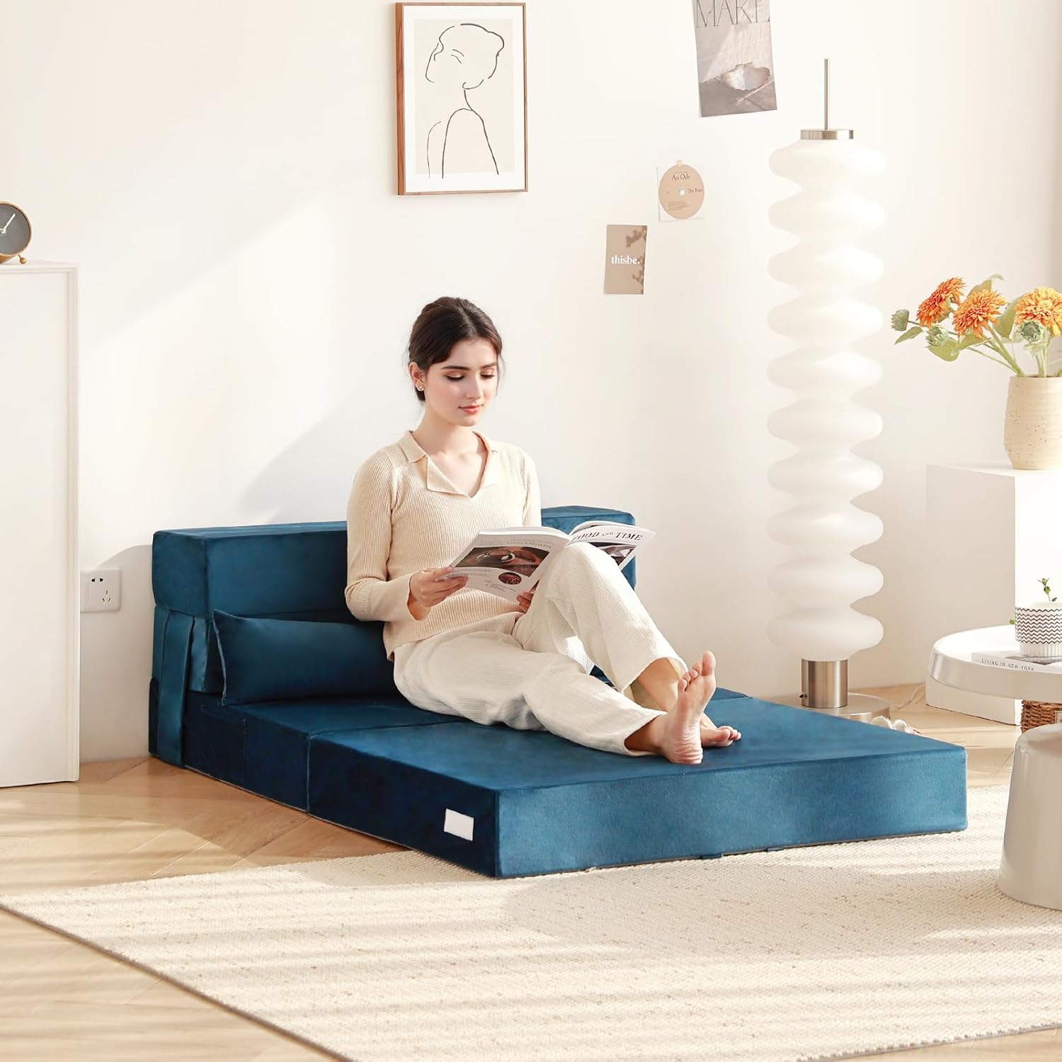 Tiita - Sillón de futón, tamaño individual, sofá cama plegable con almohada, colchón de piso y futón para sala de estar, recámara, uso de invitados, departamento