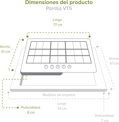 Combo Parrilla de Gas 5 Quemadores VT5, Campana Cocina para Isla 76 cm CEN76C, Horno de GAS NATURAL Empotrable HE01NAT AVERA
