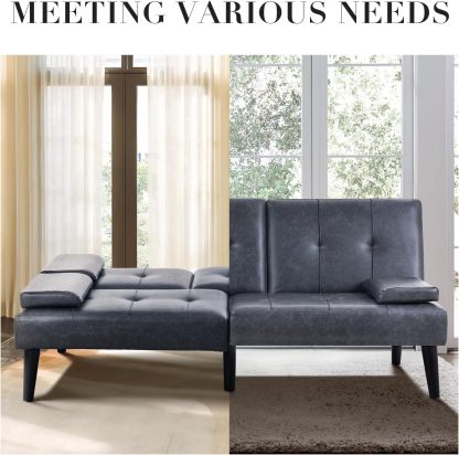 COLAMY - Sofá Cama de futón pequeño, de Piel, futón, sofá de salón, futón Convertible con Soporte para Tazas, reposabrazos extraíble, Respaldo Ajustable, Gris Oscuro