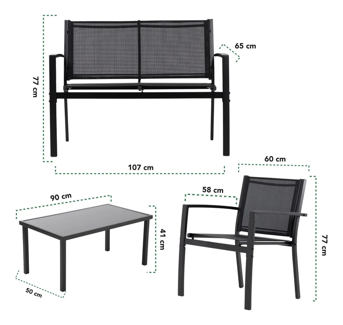 Sillas Sala Exterior Para Jardin Textileno Sillon Mesa 4pzas Color negro Color de la estructura de la silla Negro Color del asiento Negro Diseño de la tela Liso