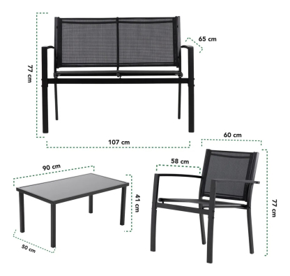 Sillas Sala Exterior Para Jardin Textileno Sillon Mesa 4pzas Color negro Color de la estructura de la silla Negro Color del asiento Negro Diseño de la tela Liso