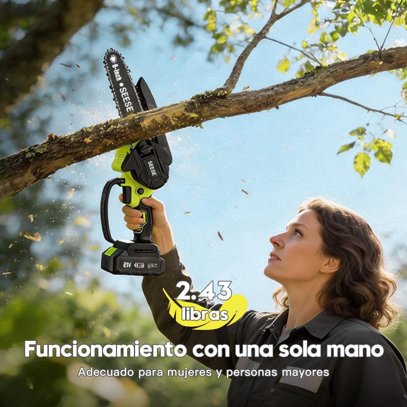 SEESE Mini motosierra inalámbrica 6”, motor sin escobillas, con 2 baterías de 2000 mAh – Ideal para poda, jardinería y corte de madera