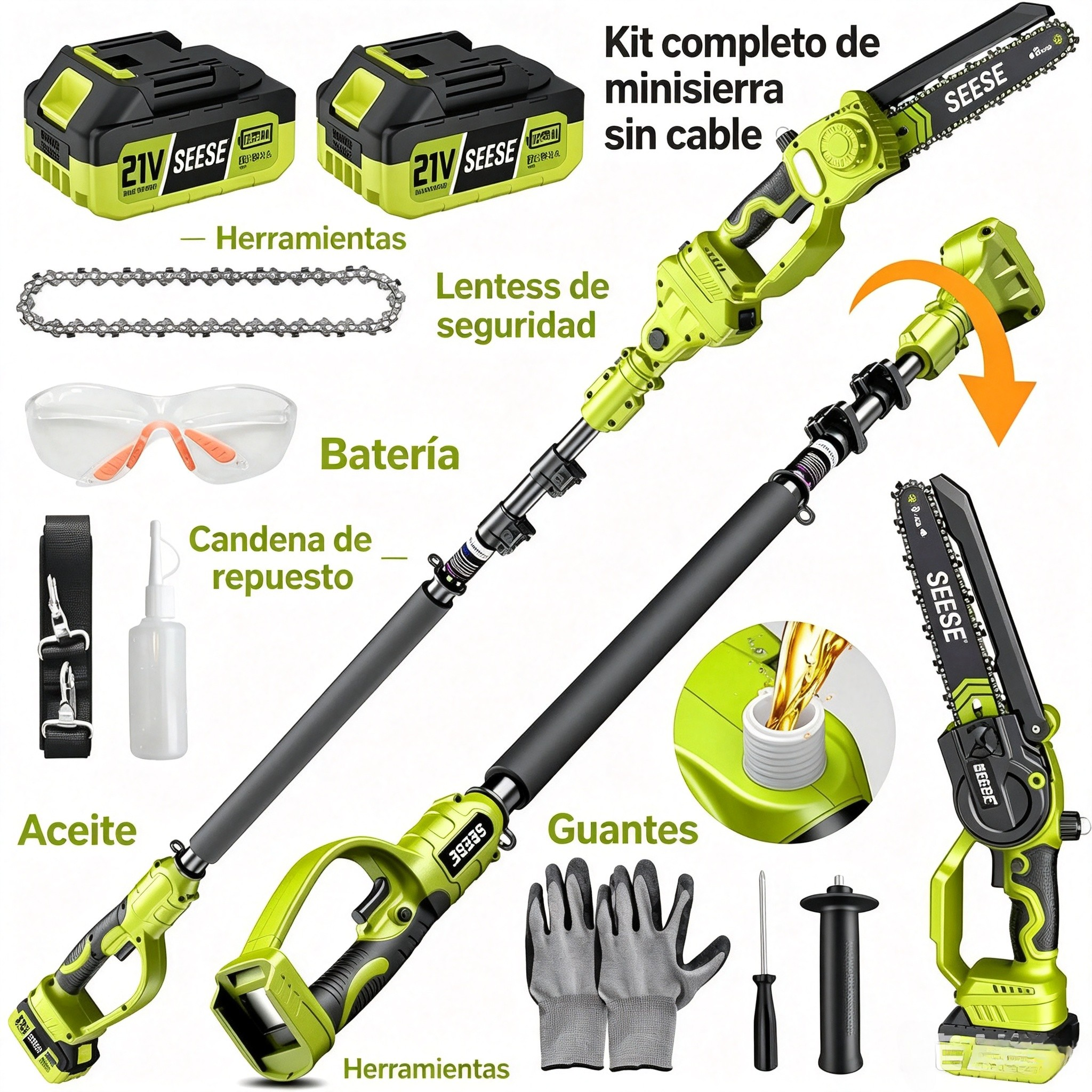 🌳 Motosierra Eléctrica 2 en 1 | ⚡ Motor Sin Escobillas de 21V | 🔋 2 Baterías Incluidas | 🪚 Sierra de Poda de 8" | 📏 Mango Telescópico hasta 15 Pies | 🔄 Cabezal Ajustable 180° | 💪 Correa de Hombro Incluida**