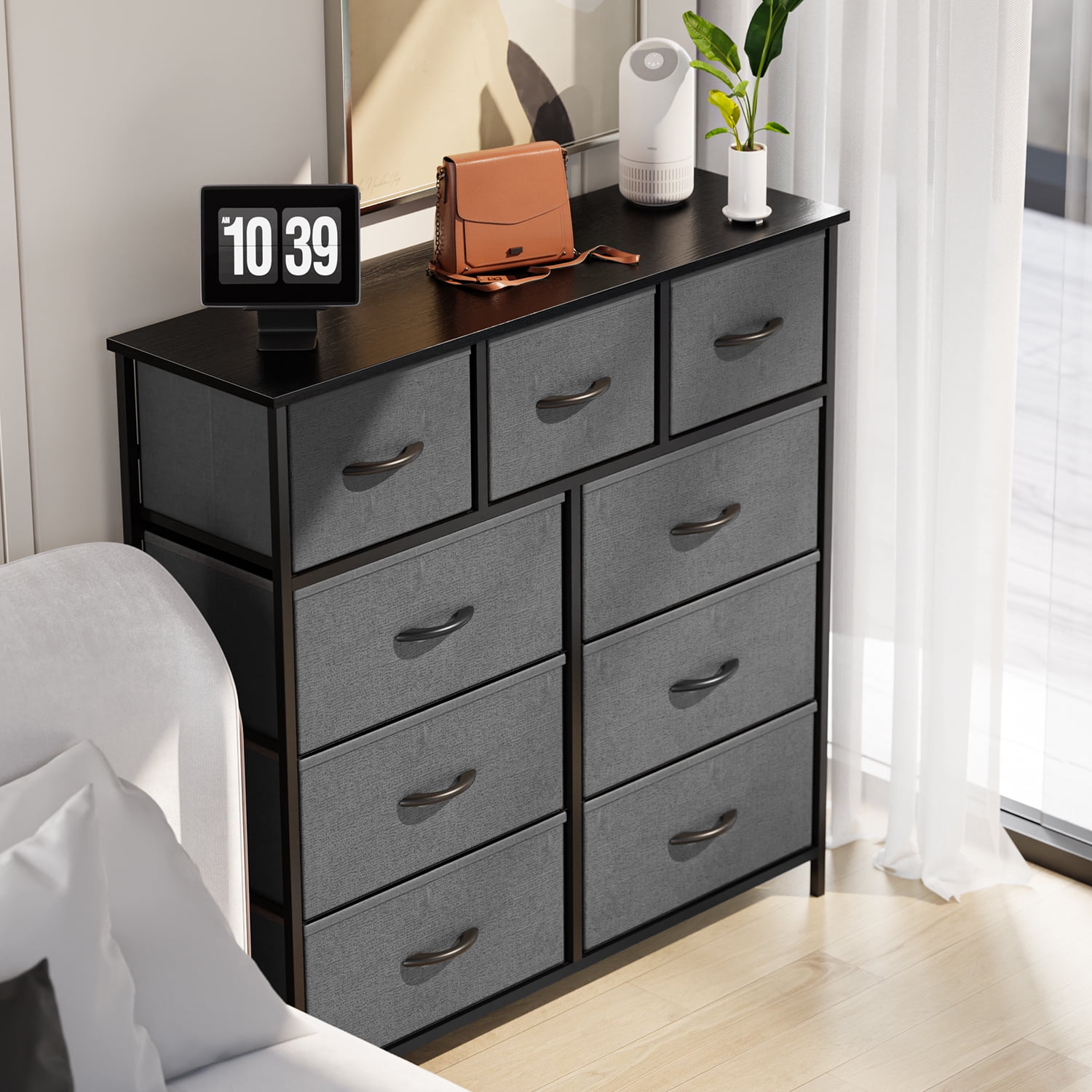 Yanming Cómoda de Tela con 9 cajones, Estructura de Acero y Tapa de Madera para Dormitorio, Armario, Entrada