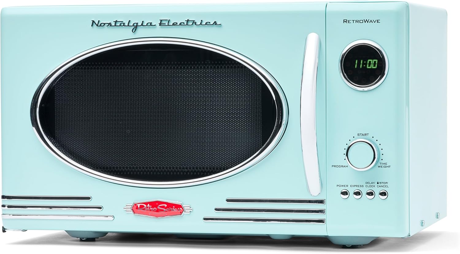 Nostalgia - Horno de microondas retro para encimera de mediados de siglo, tamaño grande de 900 W, 0.9 pies cúbicos, 8 ajustes de cocción preprogramados, reloj digital, electrodomésticos de cocina,