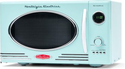 Nostalgia - Horno de microondas retro para encimera de mediados de siglo, tamaño grande de 900 W, 0.9 pies cúbicos, 8 ajustes de cocción preprogramados, reloj digital, electrodomésticos de cocina,