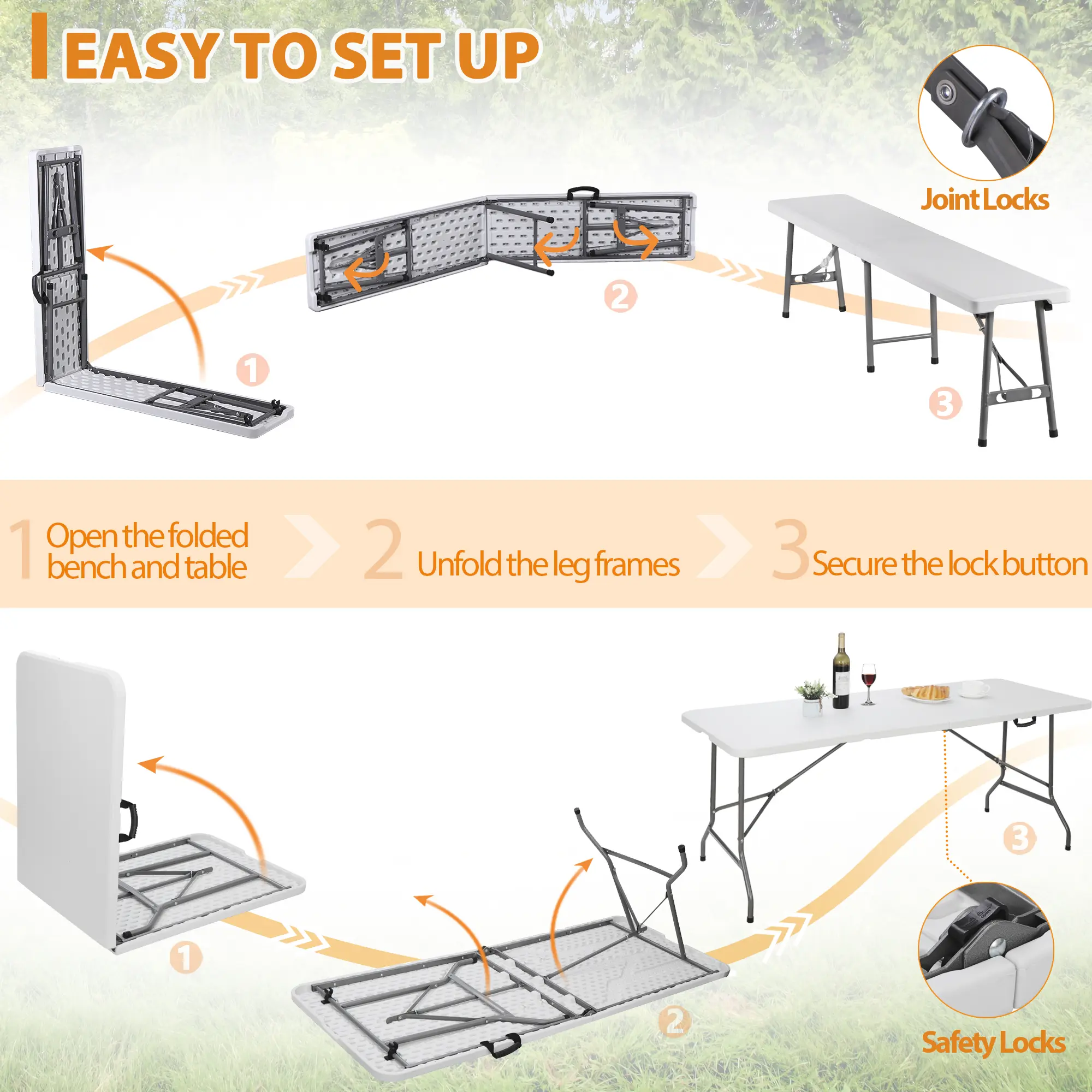 Mesa Plegable de 1.8 m con 2 Bancos, HDPE Impermeable, Soporta 159 kg, para Camping, Picnic y Exteriores