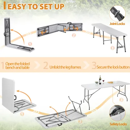 Mesa Plegable de 1.8 m con 2 Bancos, HDPE Impermeable, Soporta 159 kg, para Camping, Picnic y Exteriores