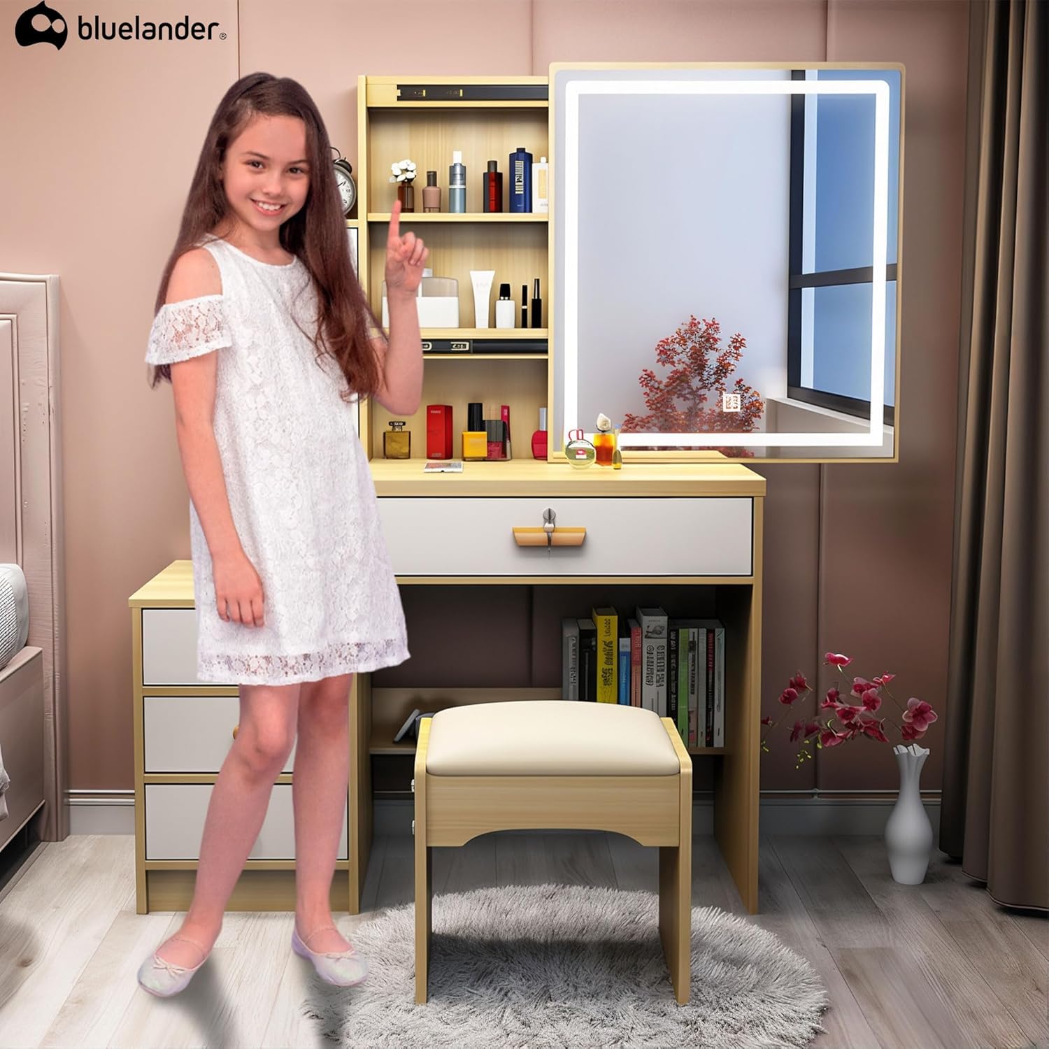Bluelander Tocador De Niña, Tocador Vanity, Tocador para Niña, Vanity Tocador Hollywood, Tocador de Maquillaje con 4 Cajones, Estantes Ocultos, Incluye Taburete Acolchado, Espejo Led (Gris Claro)